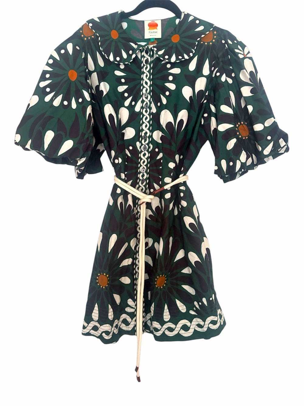 FARM Rio Dark Green Daisy-Print Button Front Tunic with Rope Tie